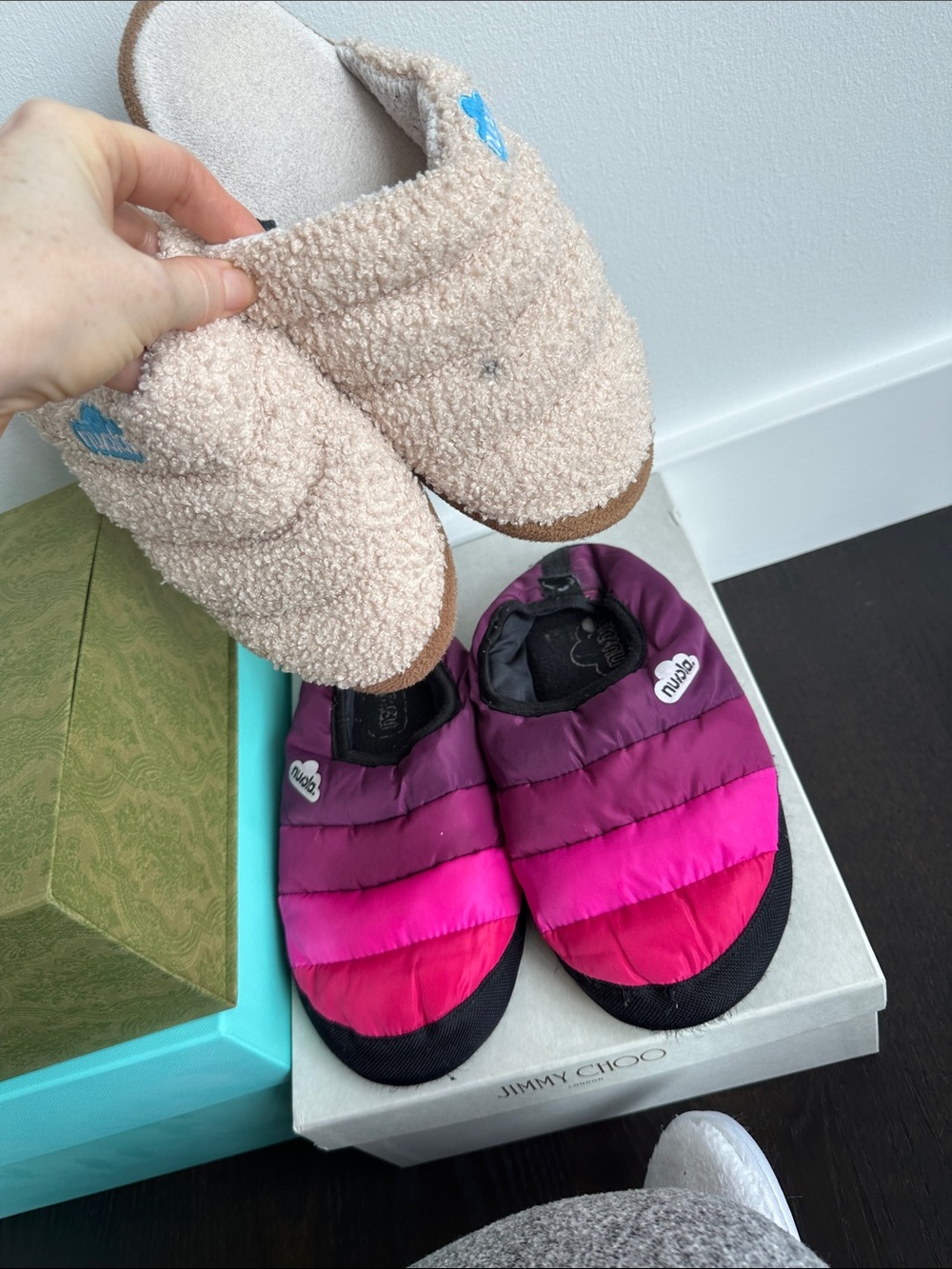 Puffer Slip-On Slippers in Pink and Magenta and Faux Sheep Bundle